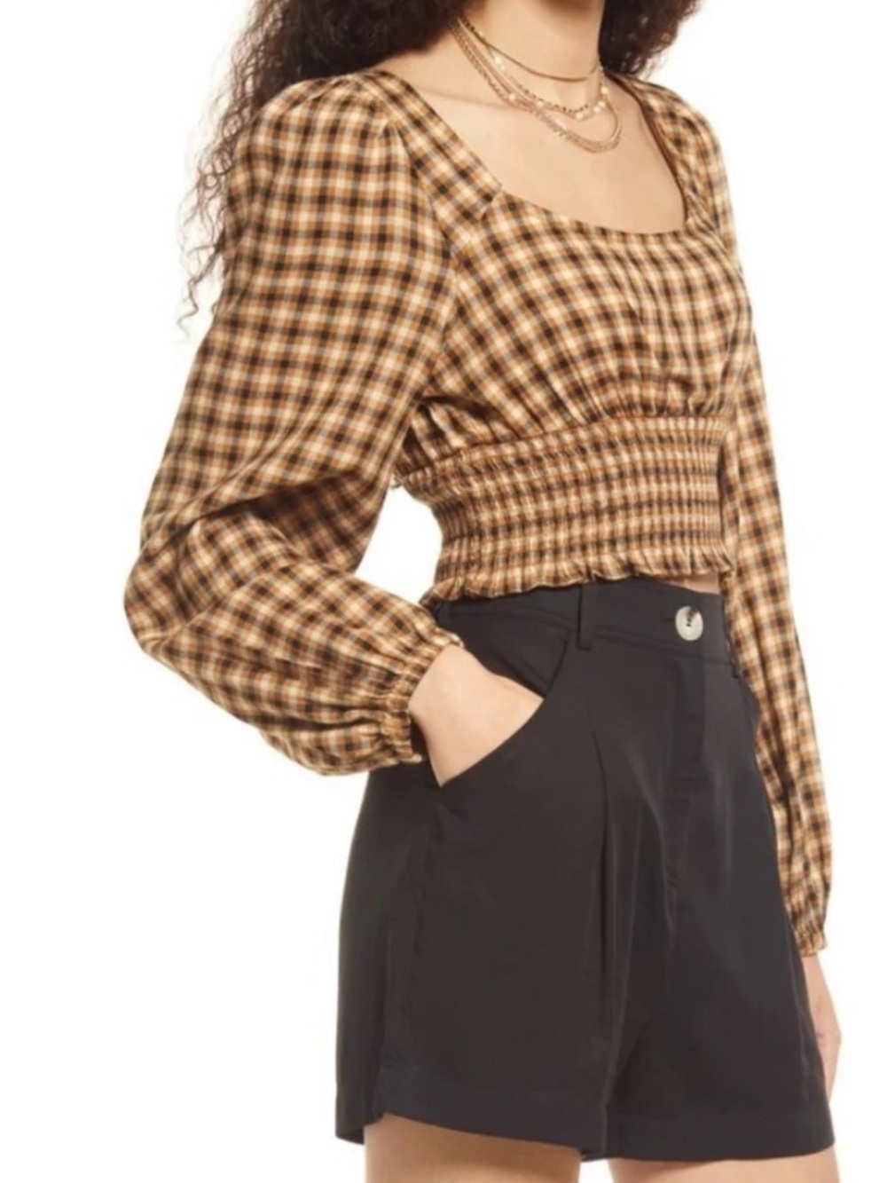 5/$30 BP Nordstrom Dreamy Plaid Smocked Waist Long-Sleeve Top Small & X-Small NW